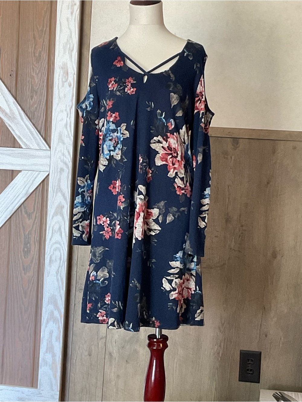 Maurices Navy Floral Cold-Shoulder Long Sleeve Dress